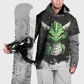 Накидка на куртку 3D с принтом Зеленый дракон на черном новогоднем фоне в Санкт-Петербурге, 100% полиэстер |  | 
