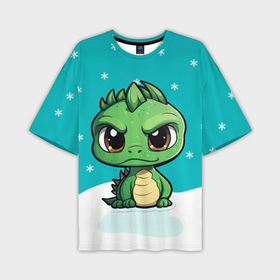 Мужская футболка oversize 3D с принтом Маленький зеленый забавный новогодний дракон в Санкт-Петербурге,  |  | 