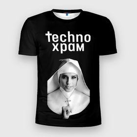 Мужская футболка 3D Slim с принтом Techno храм монашка держит крестик в Тюмени, 100% полиэстер с улучшенными характеристиками | приталенный силуэт, круглая горловина, широкие плечи, сужается к линии бедра | Тематика изображения на принте: 
