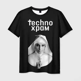 Мужская футболка 3D с принтом Techno храм монашка держит крестик в Тюмени, 100% полиэфир | прямой крой, круглый вырез горловины, длина до линии бедер | Тематика изображения на принте: 