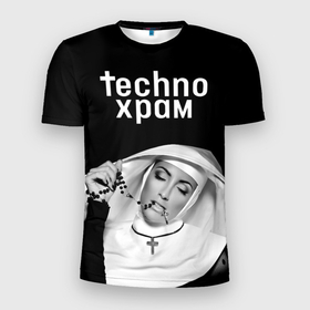 Мужская футболка 3D Slim с принтом Techno храм монашка и четки с крестиком в Екатеринбурге, 100% полиэстер с улучшенными характеристиками | приталенный силуэт, круглая горловина, широкие плечи, сужается к линии бедра | Тематика изображения на принте: 
