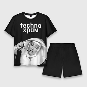 Мужской костюм с шортами 3D с принтом Techno храм монашка и четки с крестиком в Екатеринбурге,  |  | Тематика изображения на принте: 