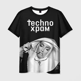 Мужская футболка 3D с принтом Techno храм монашка и четки с крестиком в Петрозаводске, 100% полиэфир | прямой крой, круглый вырез горловины, длина до линии бедер | 