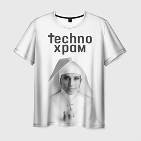 Мужская футболка 3D с принтом Techno храм монашка улыбается в Белгороде, 100% полиэфир | прямой крой, круглый вырез горловины, длина до линии бедер | 