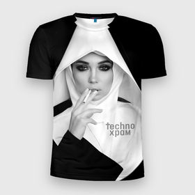Мужская футболка 3D Slim с принтом Techno храм роковая монашка в Тюмени, 100% полиэстер с улучшенными характеристиками | приталенный силуэт, круглая горловина, широкие плечи, сужается к линии бедра | Тематика изображения на принте: 