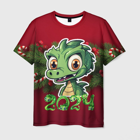 Мужская футболка 3D с принтом Маленький зеленый новогодний  дракон в Петрозаводске, 100% полиэфир | прямой крой, круглый вырез горловины, длина до линии бедер | 