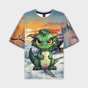 Мужская футболка oversize 3D с принтом Зеленый дракон на новогоднем закате в Кировске,  |  | Тематика изображения на принте: 