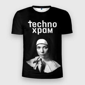 Мужская футболка 3D Slim с принтом Techno храм монашка с красивыми глазами в Новосибирске, 100% полиэстер с улучшенными характеристиками | приталенный силуэт, круглая горловина, широкие плечи, сужается к линии бедра | Тематика изображения на принте: 