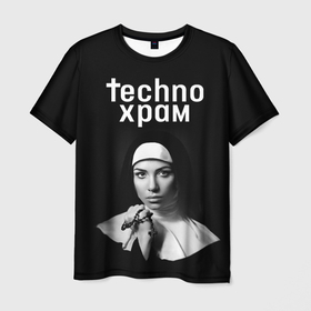 Мужская футболка 3D с принтом Techno храм монашка с красивыми глазами в Новосибирске, 100% полиэфир | прямой крой, круглый вырез горловины, длина до линии бедер | Тематика изображения на принте: 