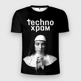 Мужская футболка 3D Slim с принтом Techno храм монашка в молитве в Белгороде, 100% полиэстер с улучшенными характеристиками | приталенный силуэт, круглая горловина, широкие плечи, сужается к линии бедра | 