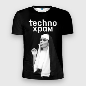 Мужская футболка 3D Slim с принтом Techno храм монашка надменный взгляд в Екатеринбурге, 100% полиэстер с улучшенными характеристиками | приталенный силуэт, круглая горловина, широкие плечи, сужается к линии бедра | 