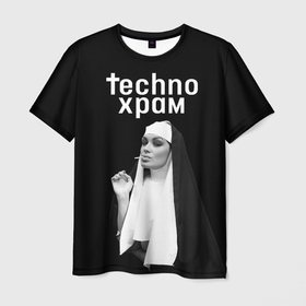 Мужская футболка 3D с принтом Techno храм монашка надменный взгляд в Екатеринбурге, 100% полиэфир | прямой крой, круглый вырез горловины, длина до линии бедер | 