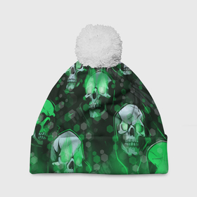 Шапка 3D c помпоном с принтом Зелёные черепа на зелёном фоне в Кировске, 100% полиэстер | универсальный размер, печать по всей поверхности изделия | 
