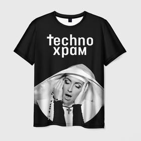 Мужская футболка 3D с принтом Techno храм эмоциональная монашка в Новосибирске, 100% полиэфир | прямой крой, круглый вырез горловины, длина до линии бедер | 