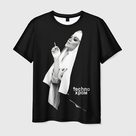 Мужская футболка 3D с принтом Techno храм красивая монашка с сигаретой в Курске, 100% полиэфир | прямой крой, круглый вырез горловины, длина до линии бедер | 