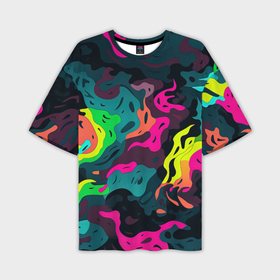 Мужская футболка oversize 3D с принтом Яркие кислотные разноцветные пятна в виде камуфляжа в Санкт-Петербурге,  |  | Тематика изображения на принте: 