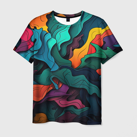 Мужская футболка 3D с принтом Яркие кислотные разноцветные пятна в виде  камуфляжа в Тюмени, 100% полиэфир | прямой крой, круглый вырез горловины, длина до линии бедер | 