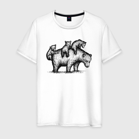 Мужская футболка хлопок с принтом Медведица с медвежатами в Тюмени, 100% хлопок | прямой крой, круглый вырез горловины, длина до линии бедер, слегка спущенное плечо. | Тематика изображения на принте: 
