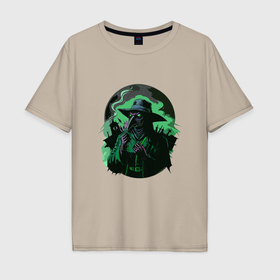 Мужская футболка хлопок Oversize с принтом Зелёный чумной доктор в городе в Санкт-Петербурге, 100% хлопок | свободный крой, круглый ворот, “спинка” длиннее передней части | 