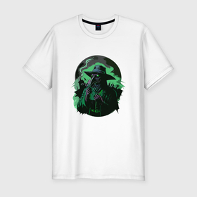 Мужская футболка хлопок Slim с принтом Зелёный чумной доктор в городе в Санкт-Петербурге, 92% хлопок, 8% лайкра | приталенный силуэт, круглый вырез ворота, длина до линии бедра, короткий рукав | 