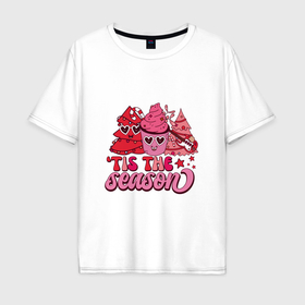 Мужская футболка хлопок Oversize с принтом Tis the season   розовые ёлки и мороженка   christmas , 100% хлопок | свободный крой, круглый ворот, “спинка” длиннее передней части | 
