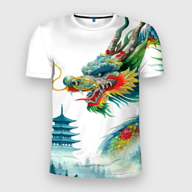 Мужская футболка 3D Slim с принтом Japanese watercolor dragon   art в Новосибирске, 100% полиэстер с улучшенными характеристиками | приталенный силуэт, круглая горловина, широкие плечи, сужается к линии бедра | 
