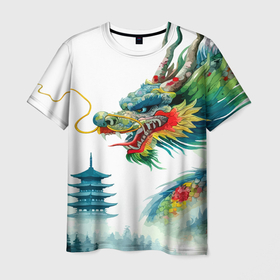 Мужская футболка 3D с принтом Japanese watercolor dragon   art в Белгороде, 100% полиэфир | прямой крой, круглый вырез горловины, длина до линии бедер | 