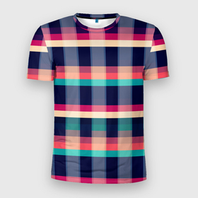 Мужская футболка 3D Slim с принтом Клетка:   синий и розовый с бирюзовым в Тюмени, 100% полиэстер с улучшенными характеристиками | приталенный силуэт, круглая горловина, широкие плечи, сужается к линии бедра | 