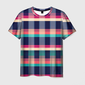 Мужская футболка 3D с принтом Клетка:   синий и розовый с бирюзовым в Санкт-Петербурге, 100% полиэфир | прямой крой, круглый вырез горловины, длина до линии бедер | 
