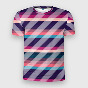 Мужская футболка 3D Slim с принтом Косая клетка: разные оттенки фиолетового , 100% полиэстер с улучшенными характеристиками | приталенный силуэт, круглая горловина, широкие плечи, сужается к линии бедра | 