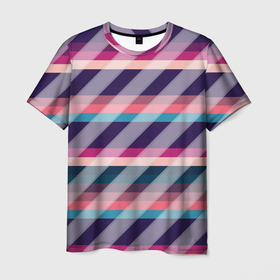 Мужская футболка 3D с принтом Косая клетка: разные оттенки фиолетового , 100% полиэфир | прямой крой, круглый вырез горловины, длина до линии бедер | 