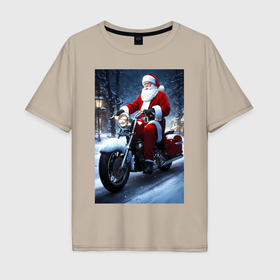 Мужская футболка хлопок Oversize с принтом Дед мороз на байке , 100% хлопок | свободный крой, круглый ворот, “спинка” длиннее передней части | 
