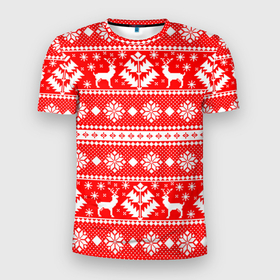 Мужская футболка 3D Slim с принтом Новый год ели и олени на красном фоне в Тюмени, 100% полиэстер с улучшенными характеристиками | приталенный силуэт, круглая горловина, широкие плечи, сужается к линии бедра | 
