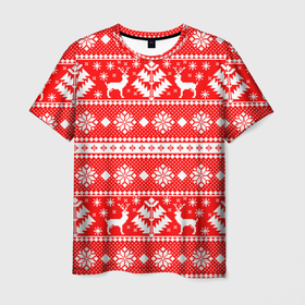 Мужская футболка 3D с принтом Новый год ели и олени на красном фоне в Кировске, 100% полиэфир | прямой крой, круглый вырез горловины, длина до линии бедер | 