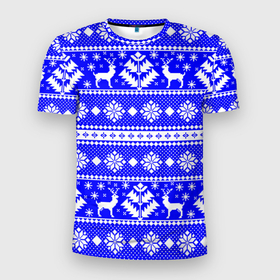 Мужская футболка 3D Slim с принтом Новый год ели и олени на синем фоне в Екатеринбурге, 100% полиэстер с улучшенными характеристиками | приталенный силуэт, круглая горловина, широкие плечи, сужается к линии бедра | 