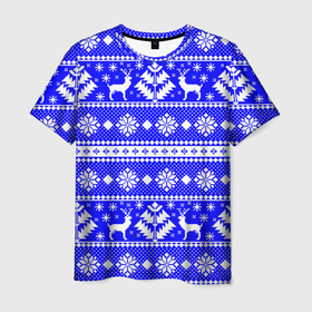 Мужская футболка 3D с принтом Новый год ели и олени на синем фоне в Екатеринбурге, 100% полиэфир | прямой крой, круглый вырез горловины, длина до линии бедер | 