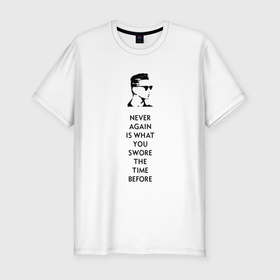 Мужская футболка хлопок Slim с принтом Depeche Mode   Never again в Тюмени, 92% хлопок, 8% лайкра | приталенный силуэт, круглый вырез ворота, длина до линии бедра, короткий рукав | Тематика изображения на принте: 