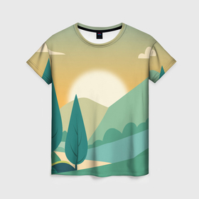 Женская футболка 3D с принтом Пейзаж деревья и кустарники , 100% полиэфир ( синтетическое хлопкоподобное полотно) | прямой крой, круглый вырез горловины, длина до линии бедер | 