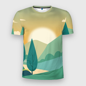 Мужская футболка 3D Slim с принтом Пейзаж деревья и кустарники в Белгороде, 100% полиэстер с улучшенными характеристиками | приталенный силуэт, круглая горловина, широкие плечи, сужается к линии бедра | 