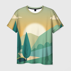 Мужская футболка 3D с принтом Пейзаж деревья и кустарники в Новосибирске, 100% полиэфир | прямой крой, круглый вырез горловины, длина до линии бедер | 