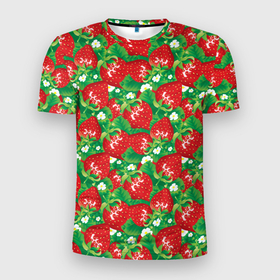 Мужская футболка 3D Slim с принтом Свежая красная клубника в Екатеринбурге, 100% полиэстер с улучшенными характеристиками | приталенный силуэт, круглая горловина, широкие плечи, сужается к линии бедра | 