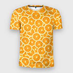 Мужская футболка 3D Slim с принтом Ломтики апельсина в Санкт-Петербурге, 100% полиэстер с улучшенными характеристиками | приталенный силуэт, круглая горловина, широкие плечи, сужается к линии бедра | 