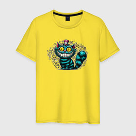 Мужская футболка хлопок с принтом Чеширский кот в шляпе в Кировске, 100% хлопок | прямой крой, круглый вырез горловины, длина до линии бедер, слегка спущенное плечо. | 