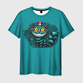 Мужская футболка 3D с принтом Чеширский кот в шляпе , 100% полиэфир | прямой крой, круглый вырез горловины, длина до линии бедер | 