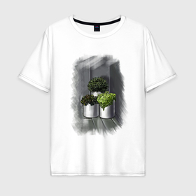 Мужская футболка хлопок Oversize с принтом Суккуленты в Кировске, 100% хлопок | свободный крой, круглый ворот, “спинка” длиннее передней части | 