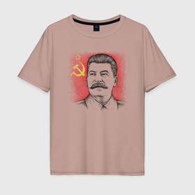 Мужская футболка хлопок Oversize с принтом Сталин с флагом СССР в Тюмени, 100% хлопок | свободный крой, круглый ворот, “спинка” длиннее передней части | 