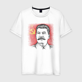 Мужская футболка хлопок с принтом Сталин с флагом СССР , 100% хлопок | прямой крой, круглый вырез горловины, длина до линии бедер, слегка спущенное плечо. | Тематика изображения на принте: 
