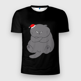 Мужская футболка 3D Slim с принтом Толстый новогодний кот в Петрозаводске, 100% полиэстер с улучшенными характеристиками | приталенный силуэт, круглая горловина, широкие плечи, сужается к линии бедра | 