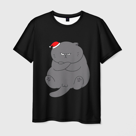 Мужская футболка 3D с принтом Толстый новогодний кот в Белгороде, 100% полиэфир | прямой крой, круглый вырез горловины, длина до линии бедер | 