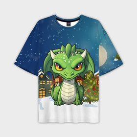Мужская футболка oversize 3D с принтом Зеленый дракон на фоне города в Екатеринбурге,  |  | 